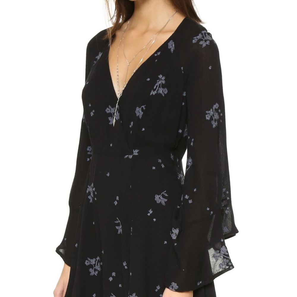 Free People Black Floral Mini Dress | Bell Sleeve Boho | Size 0 | Fall